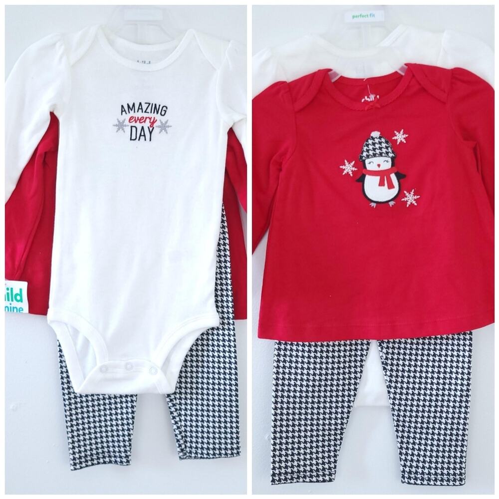 New 12 Month Girls 3 Piece Set, Houndstooth, Two Shirt, Pants Holiday Christmas